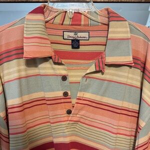 Tommy Bahama Men's Polo Shirt - Orange and Green Stripes.  75% Silk